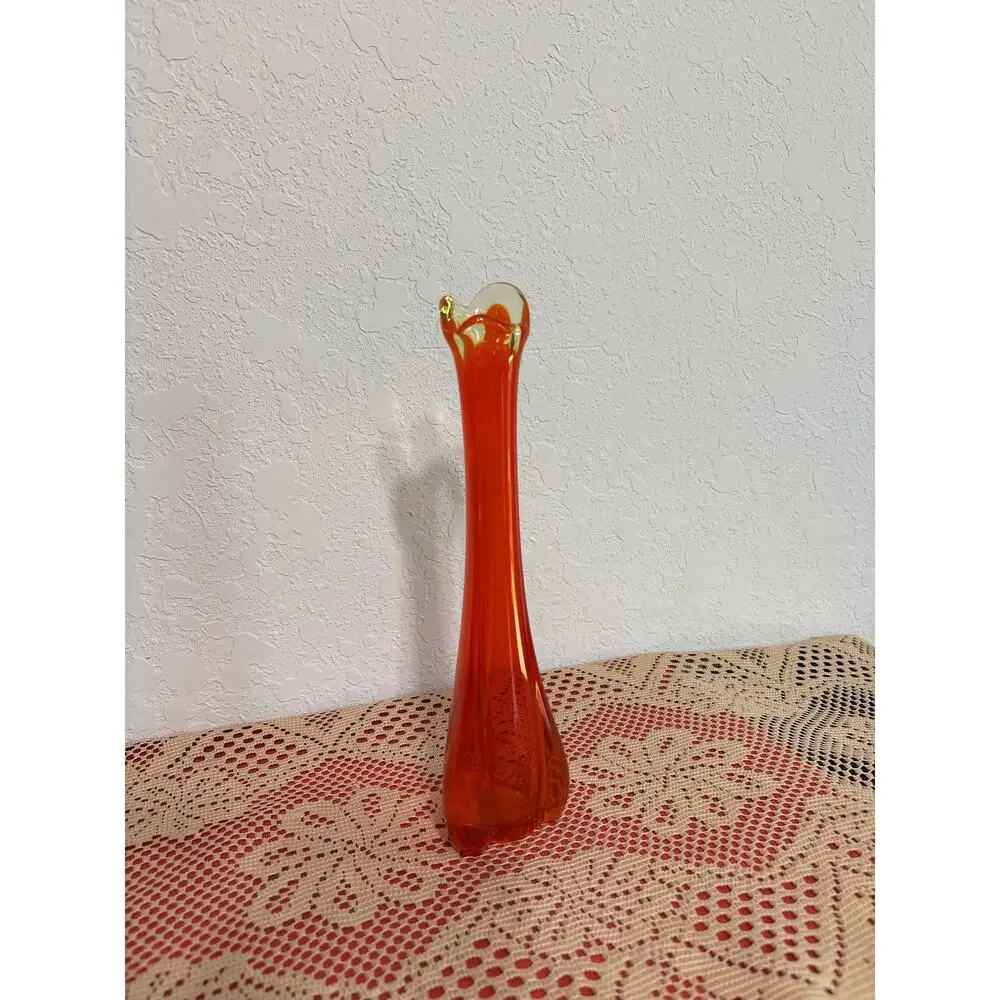 Vintage MCM Vikcing Glass Orange Persimmon Color- Swung Bud Vase- 10